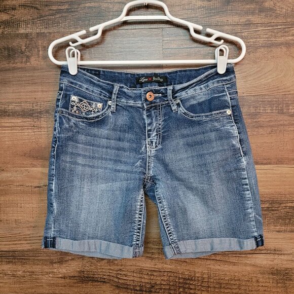Love Indigo Shorts Size 4 Cuffed Embroidered Pockets Medium Dark Wash Stretch - Picture 2 of 10